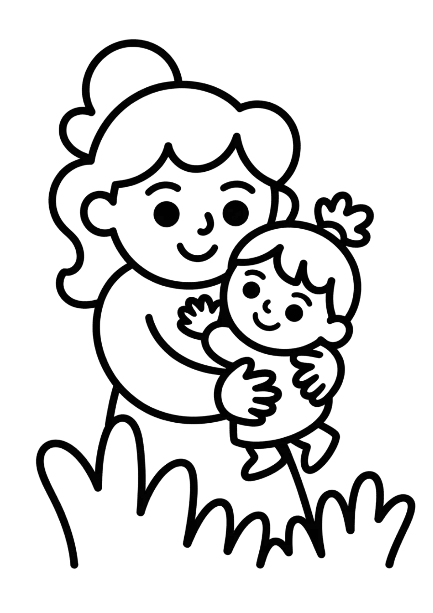 smiling mother holding baby in arms, simple cartoon style line art, warm affectionate pose on grassy ground