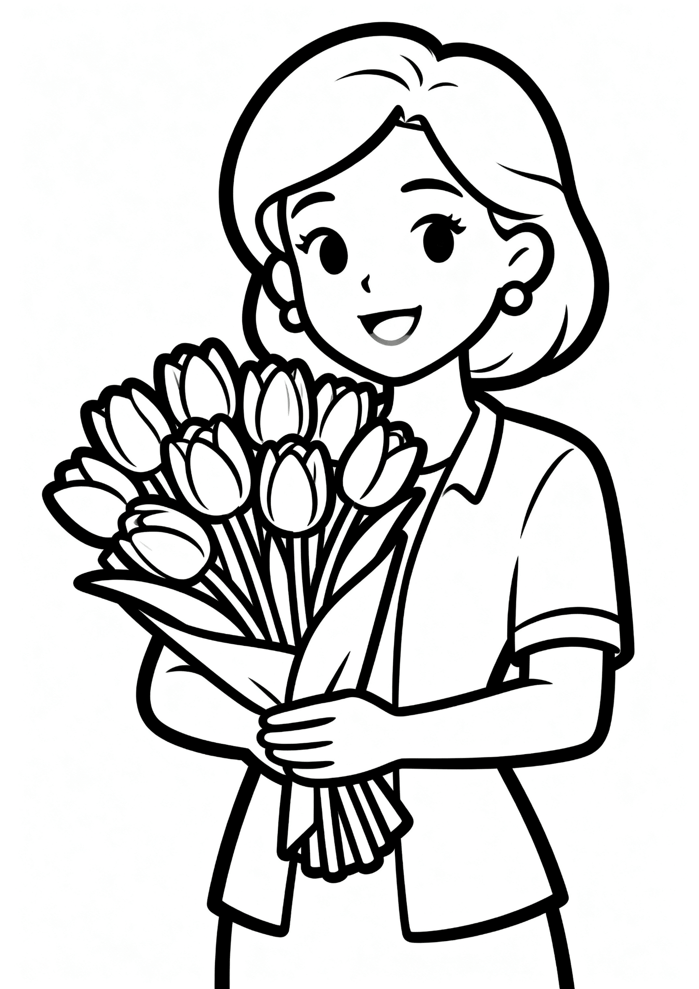 smiling woman holding bouquet of tulips wrapped in paper in a clean and simple black and white line drawing