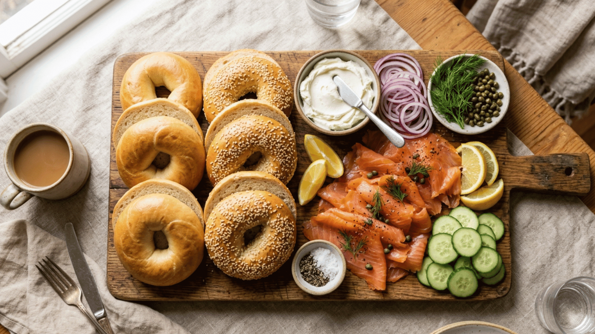 smoked salmon bagel platter with cream cheese, capers, cucumber, and dill arranged on a wooden board