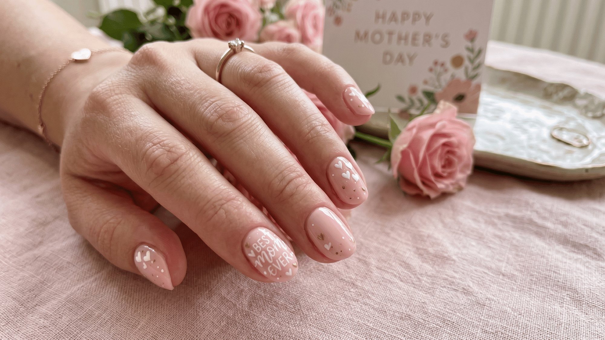 soft pink nails with best mom ever text, tiny hearts, glossy finish