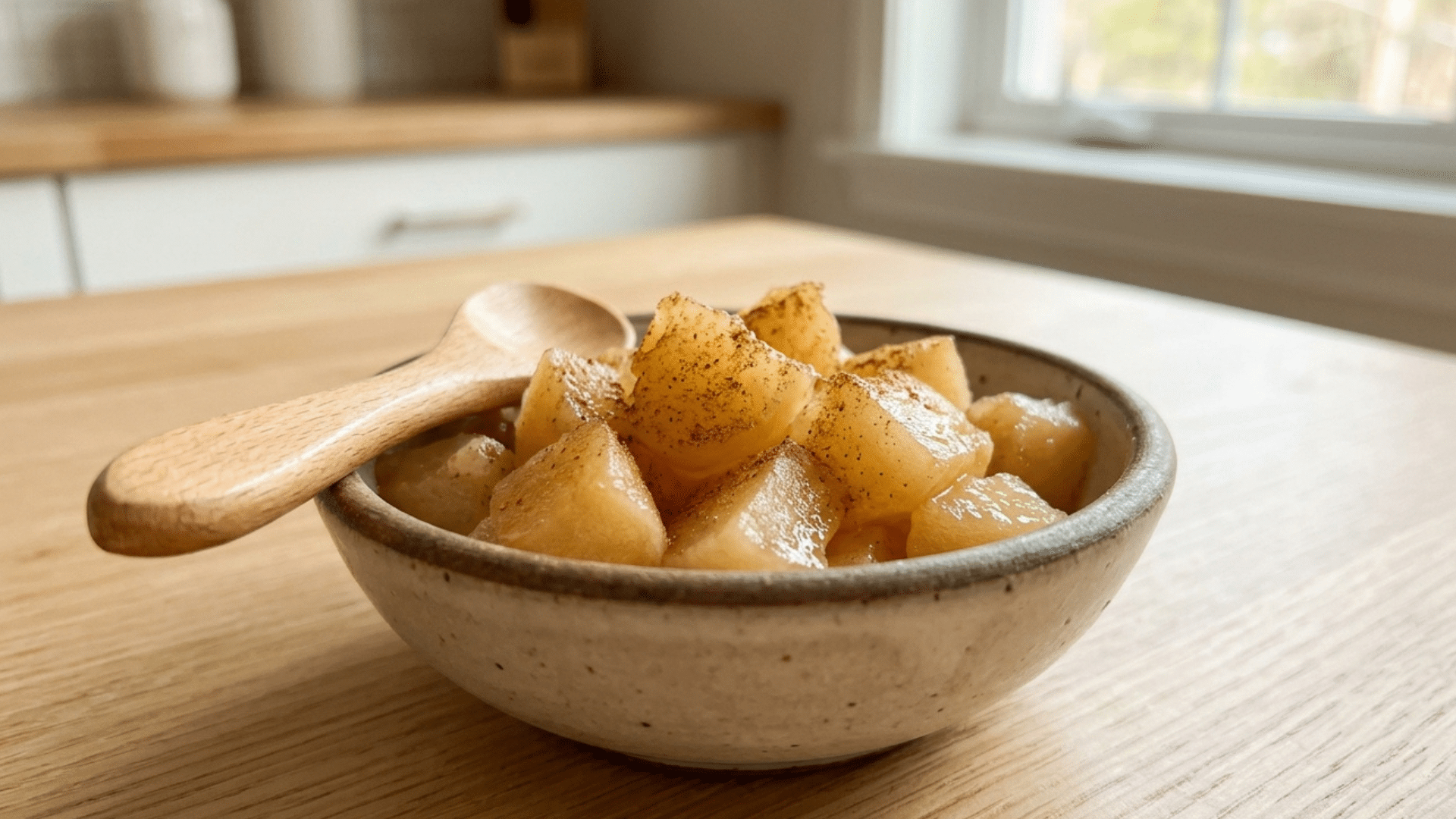 soft steamed apple chunks with cinnamon in a bowl for toddlers.