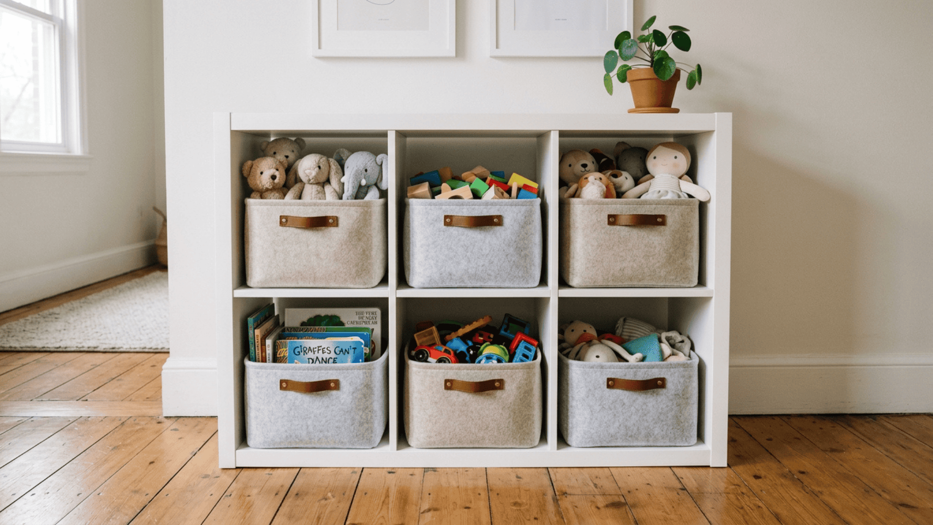 soft storage baskets placed in shelves allowing easy cleanup and movement of toys in a compact playroom