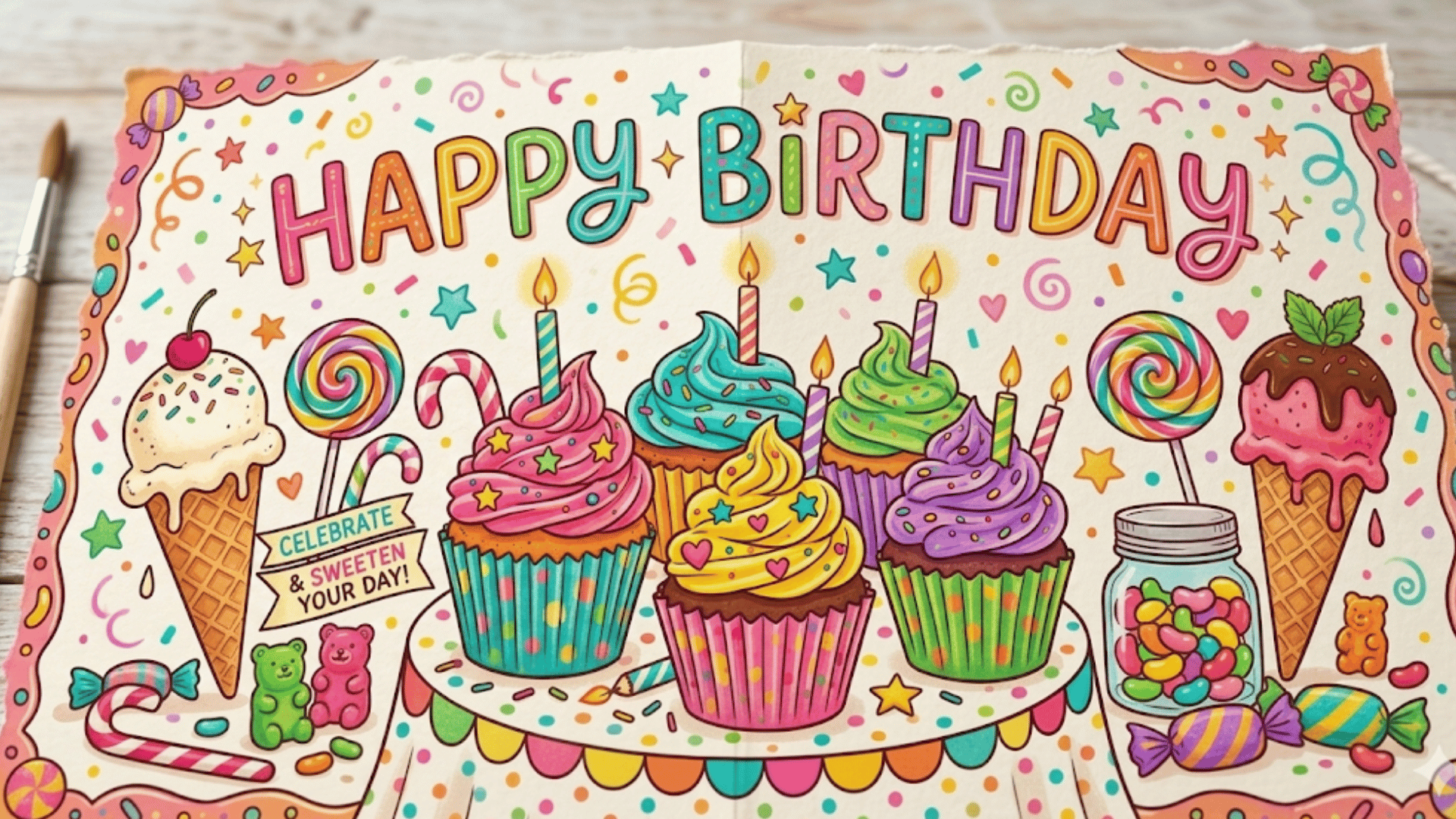 stack of colorful cupcakes, ice cream cones, or candy for a sweet, playful theme