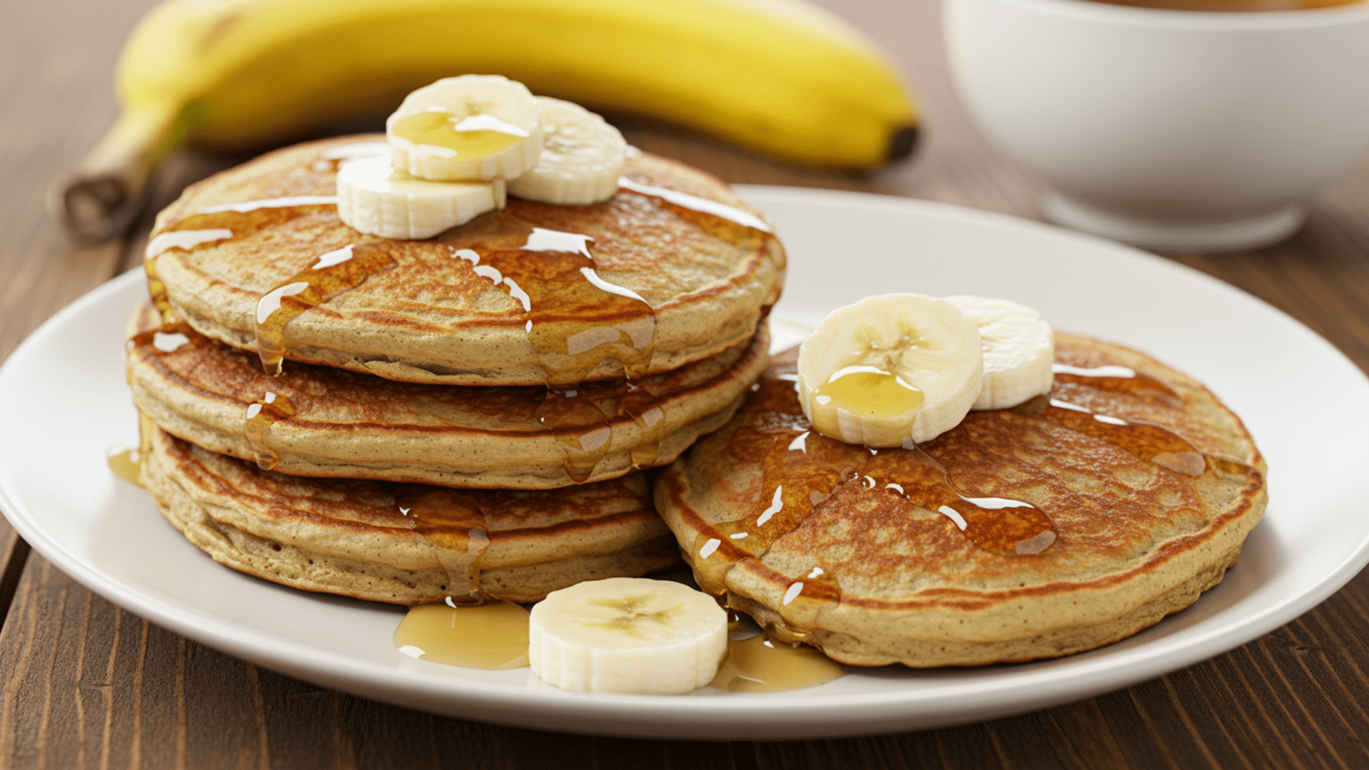 stack of fluffy pancakes topped with banana slices and syrup on a white plate, with whole bananas and a cup of coffee in background
