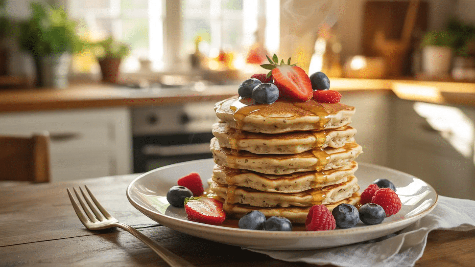 stack of fluffy pancakes topped with strawberries, blueberries, and syrup on a plate in a sunlit kitchen