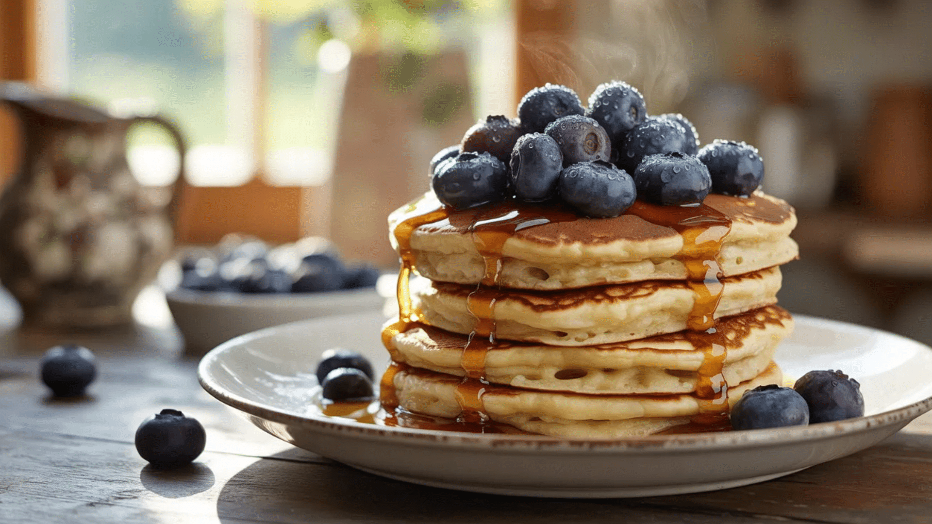 stack of pancakes topped with blueberries and syrup