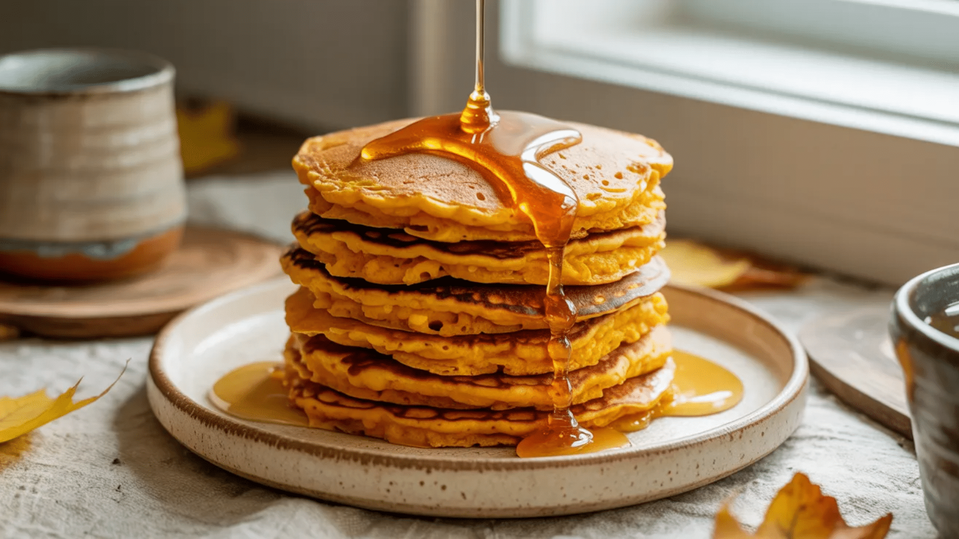 stack of pancakes with syrup being poured on top