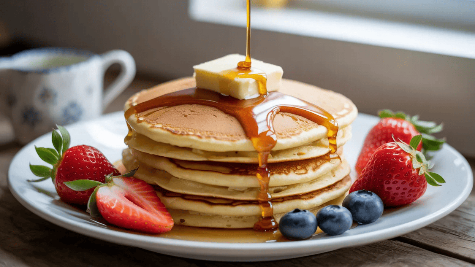 stack of three golden, fluffy pancakes on a white plate, fresh strawberries and blueberries on the side, a pat of melting butter on top