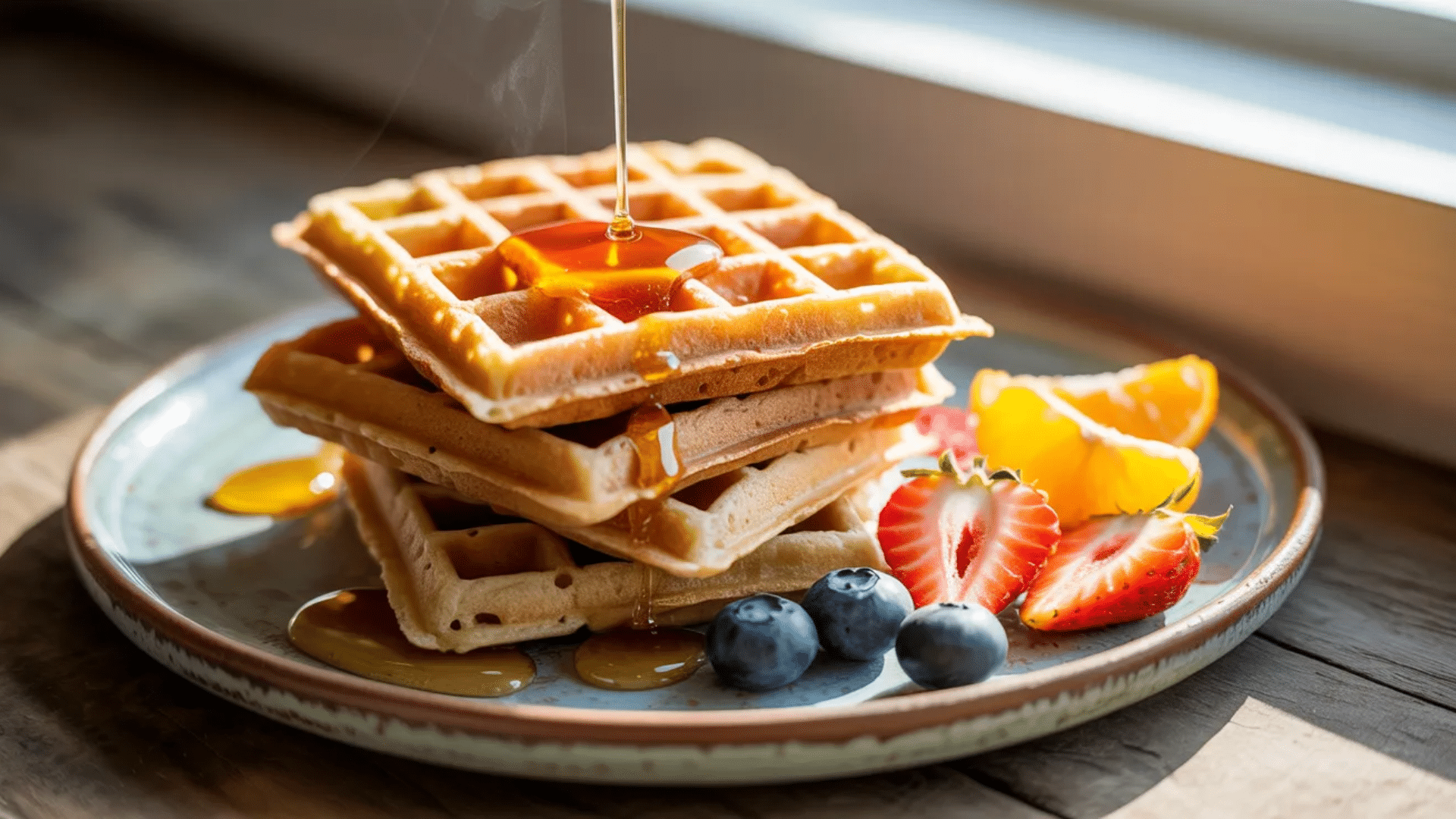 stack of waffles with syrup, strawberries, blueberries, and orange slices