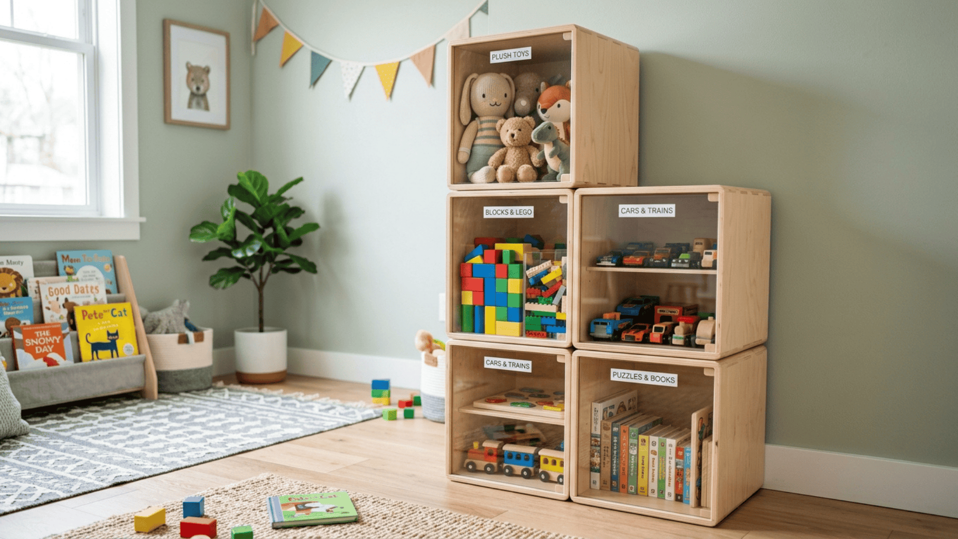stackable storage units arranged vertically to organize toys efficiently in a compact playroom