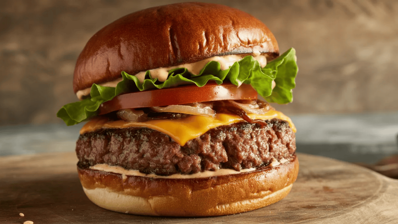 stacked veggie burger with lettuce, tomato, crispy patty, and sauces, sesame bun, served on a wooden table