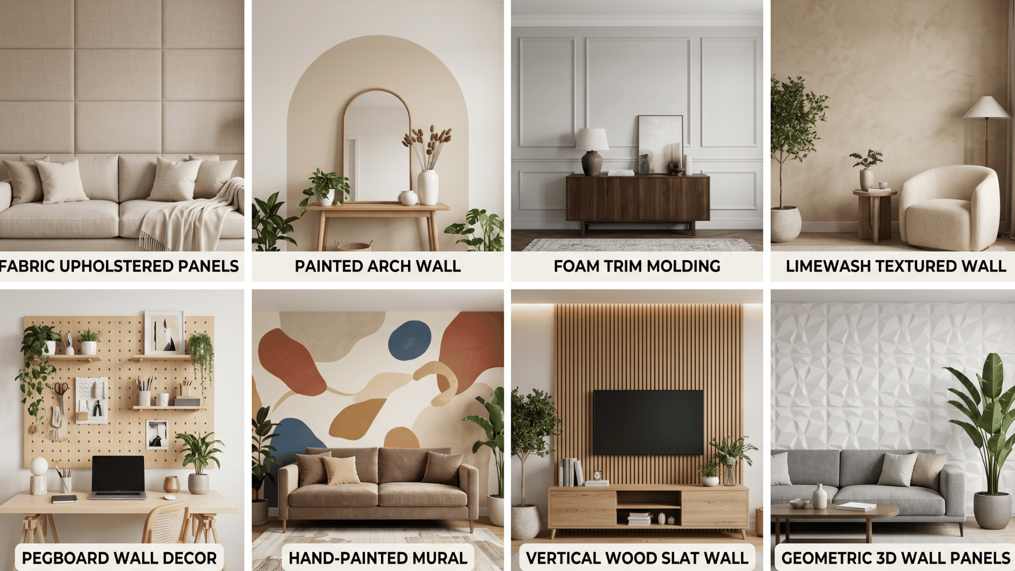 statement wall diy ideas collage with textured walls, arches, wood panels and modern living room inspiration