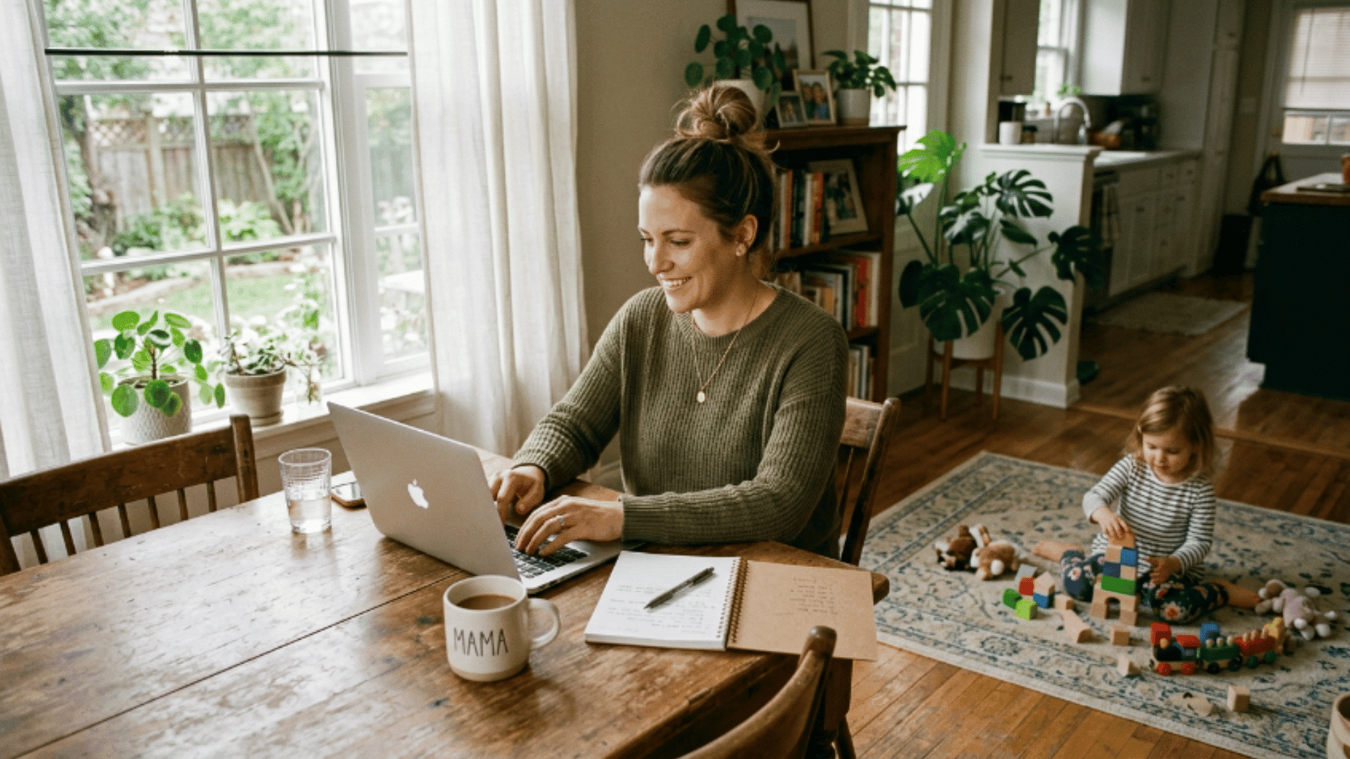 stay-at-home mom working on a laptop at a dining table while her child plays nearby in a bright, cozy home setting