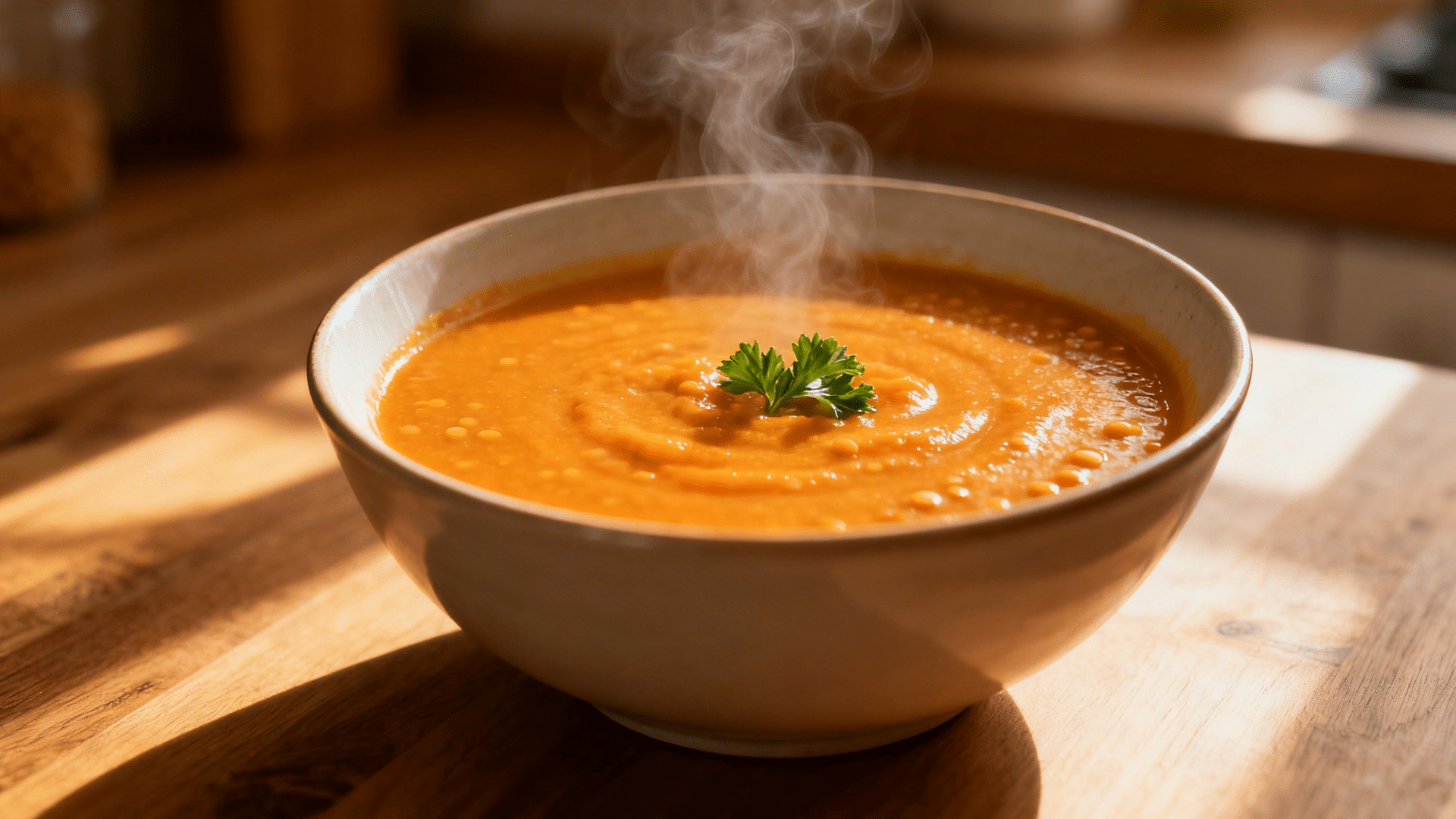 steaming bowl of creamy orange soup garnished with parsley on a wooden table, with a softly blurred kitchen background and warm light