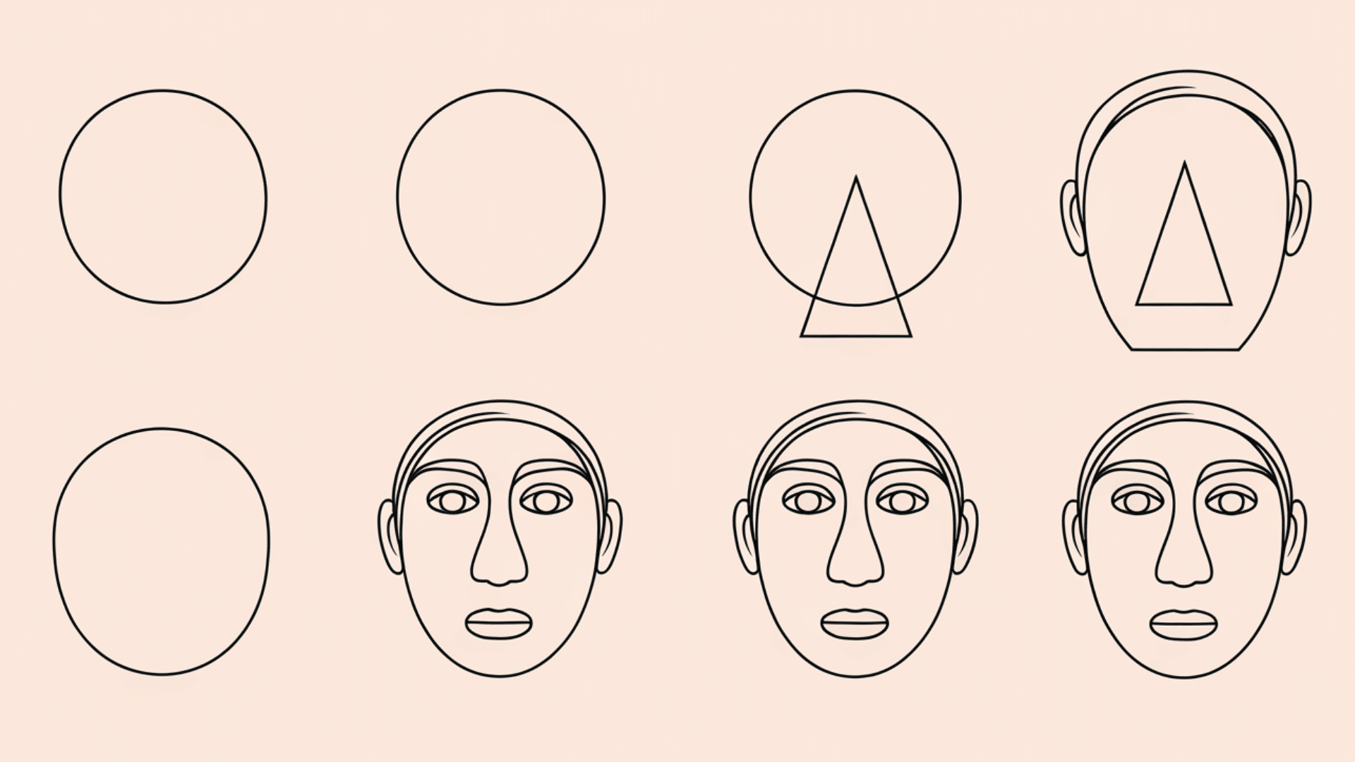 step-by-step process showing the drawing of a human face using basic shapes
