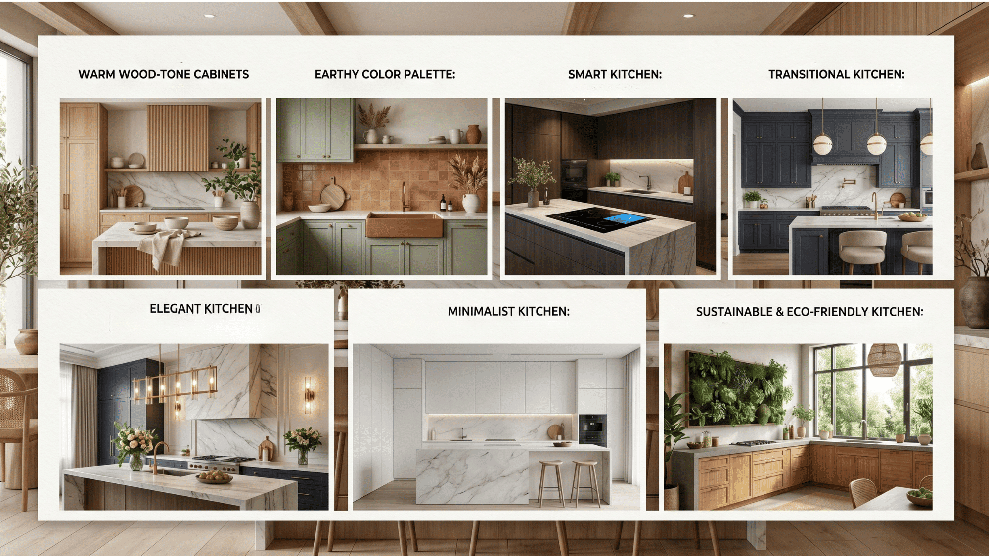 stylish interior design collage showcasing seven modern kitchen trends for 2026