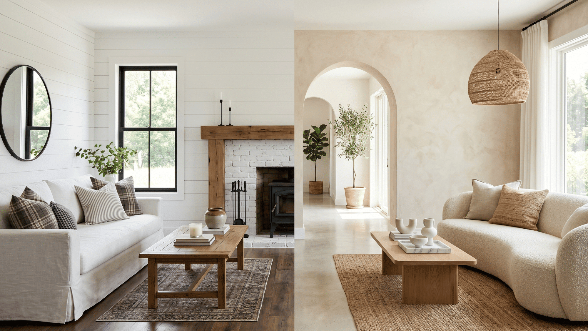 stylish living room split design showing transition from modern farmhouse to new interior trends