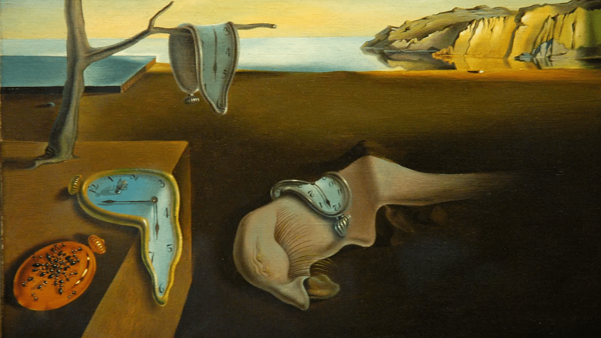 surrealism painting featuring melting clocks in a dreamlike landscape, symbolizing distorted time and the unconscious mind