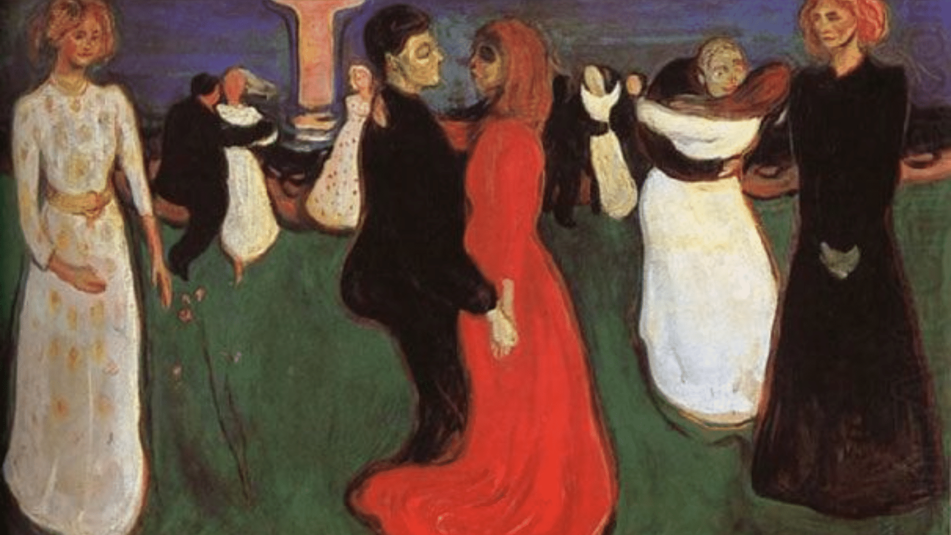 symbolist painting showing figures dancing by the sea, using colour and gesture to represent love, life stages, desire, and the approach of death