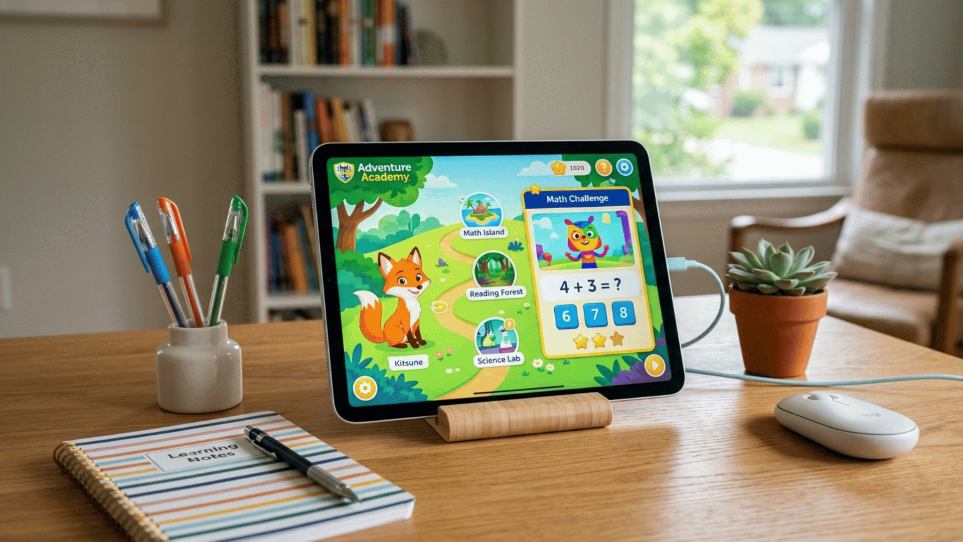 tablet displaying a kids learning app with math challenge, fox character, and colorful interface on a tidy study desk.