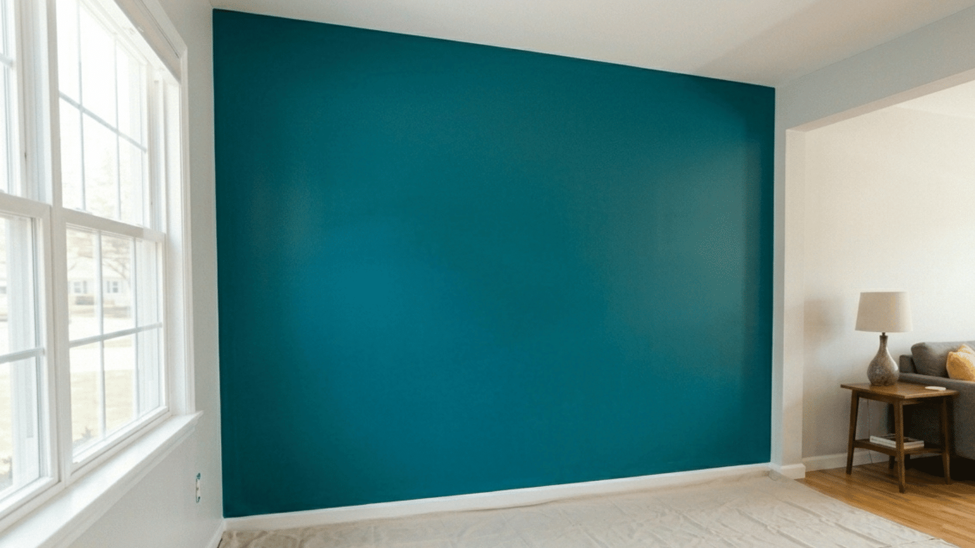 teal accent wall in a bright living room with sofa and natural light.
