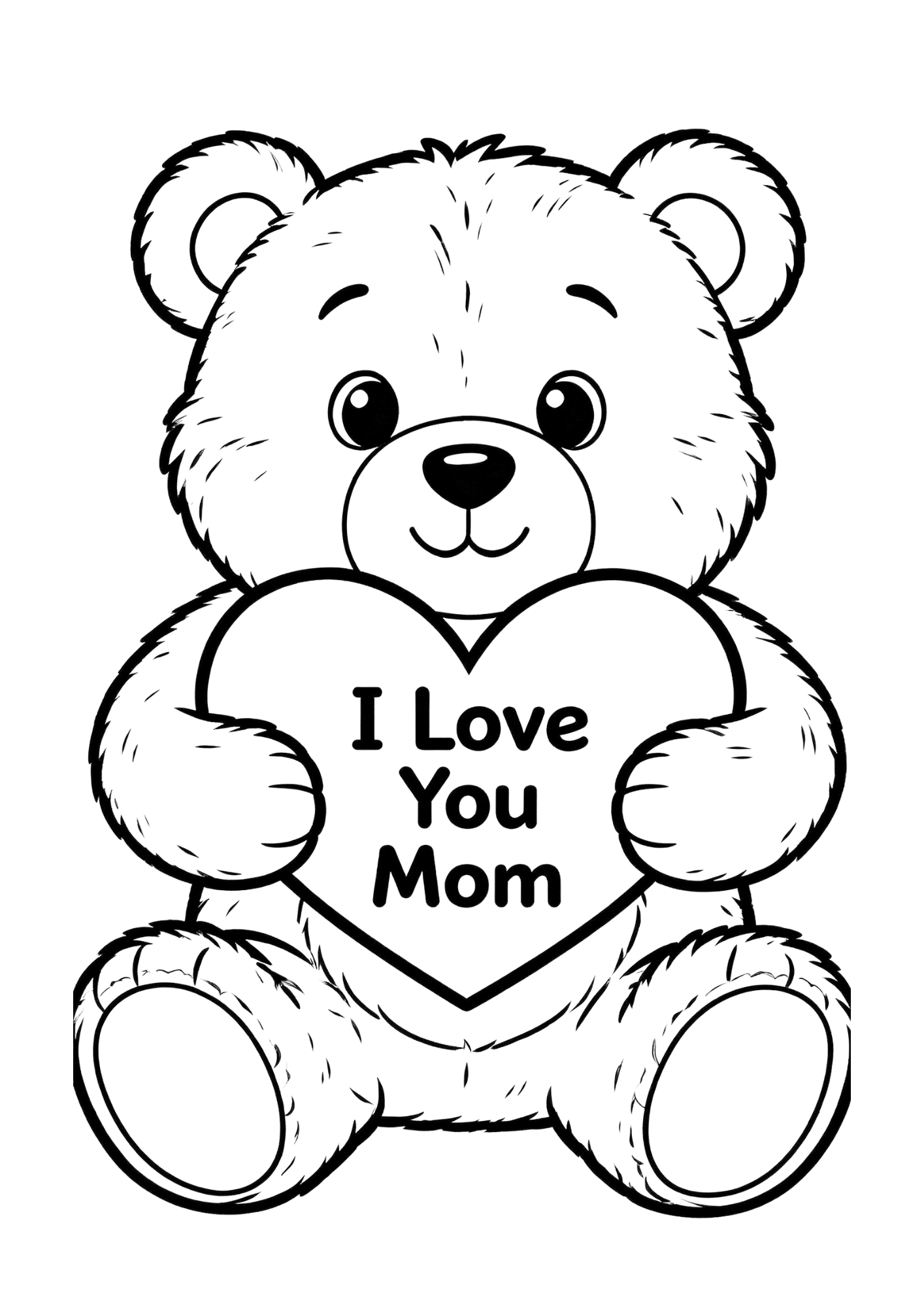 teddy bear holding heart with text i love you mom, fluffy outline style cute and affectionate illustration