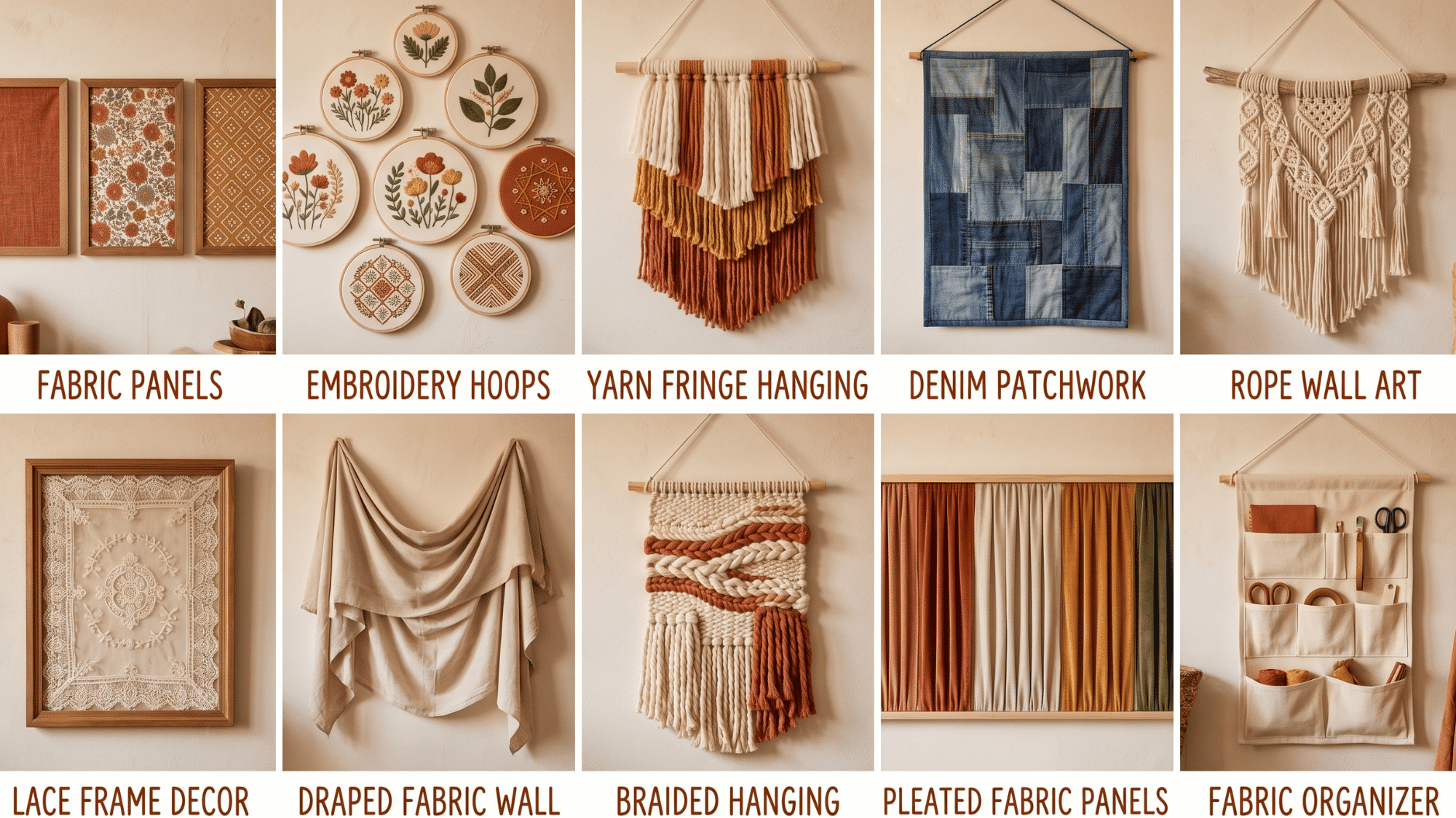 textile diy wall decor grid collage with fabric panels, yarn hangings, rope art and cozy boho wall ideas