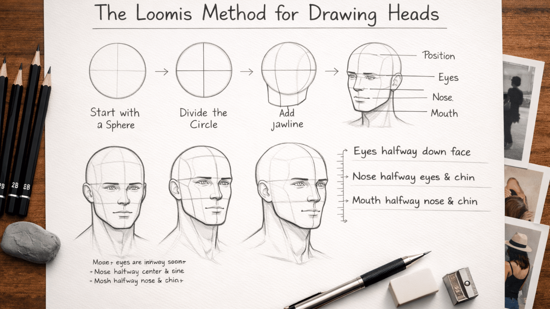 the Loomis method for drawing heads, showing step-by-step process.