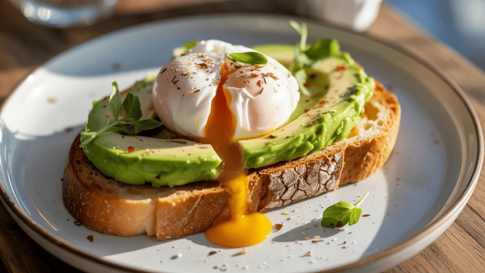 thick slice of toasted sourdough, topped with smashed green avocado, a poached egg with yolk just beginning to run, chili flakes