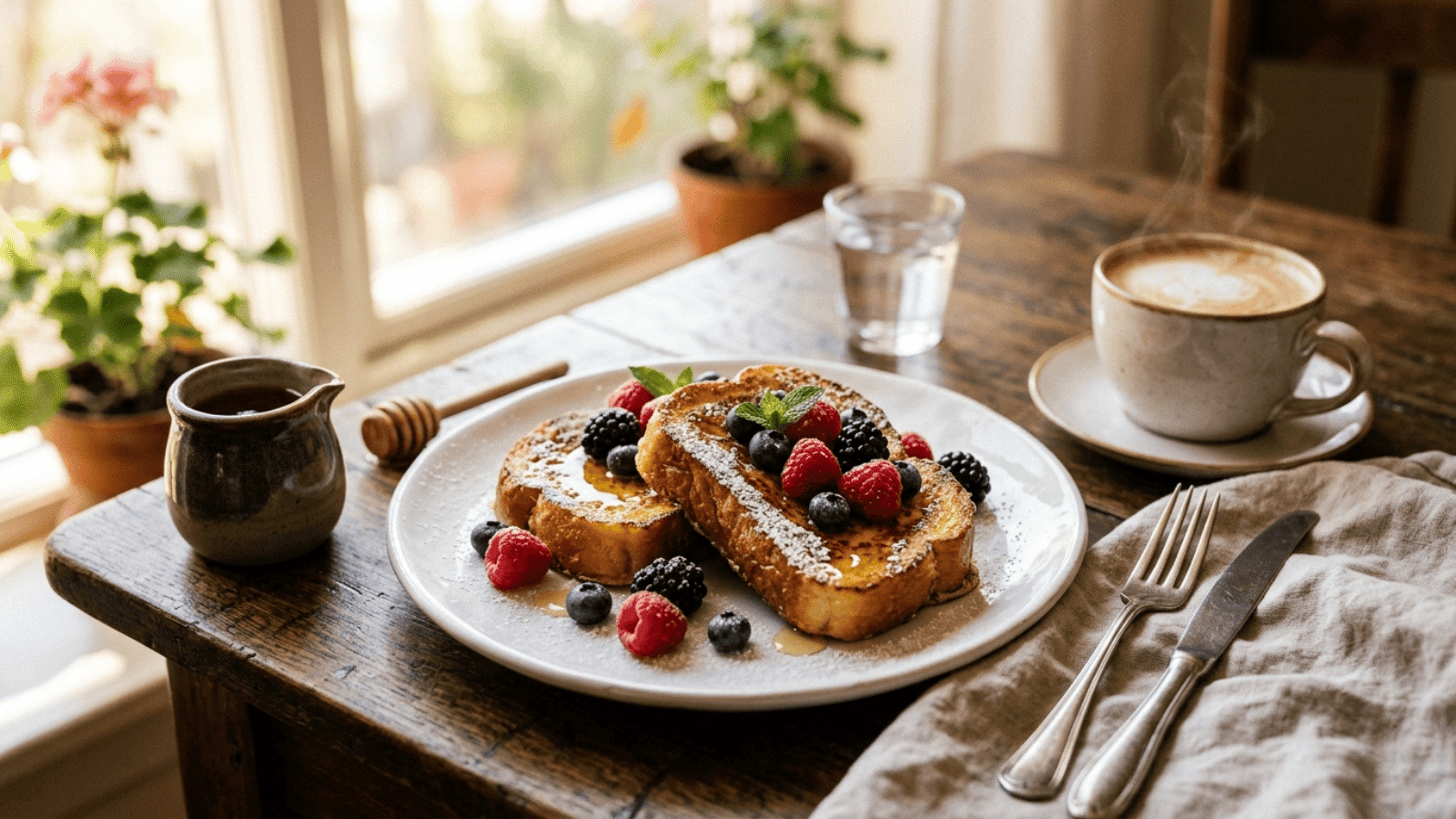 thick slices of golden French toast on a white plate dusted with powdered sugar, fresh berries scattered around, a small jug of honey on the side