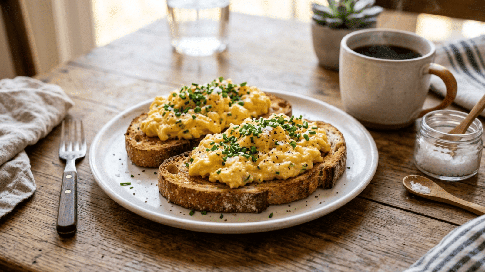 thick slices of toasted sourdough topped with soft golden scrambled eggs, fresh chives scattered on top, flaky salt visible, served on a white plate on a wooden table, warm soft morning light, sim