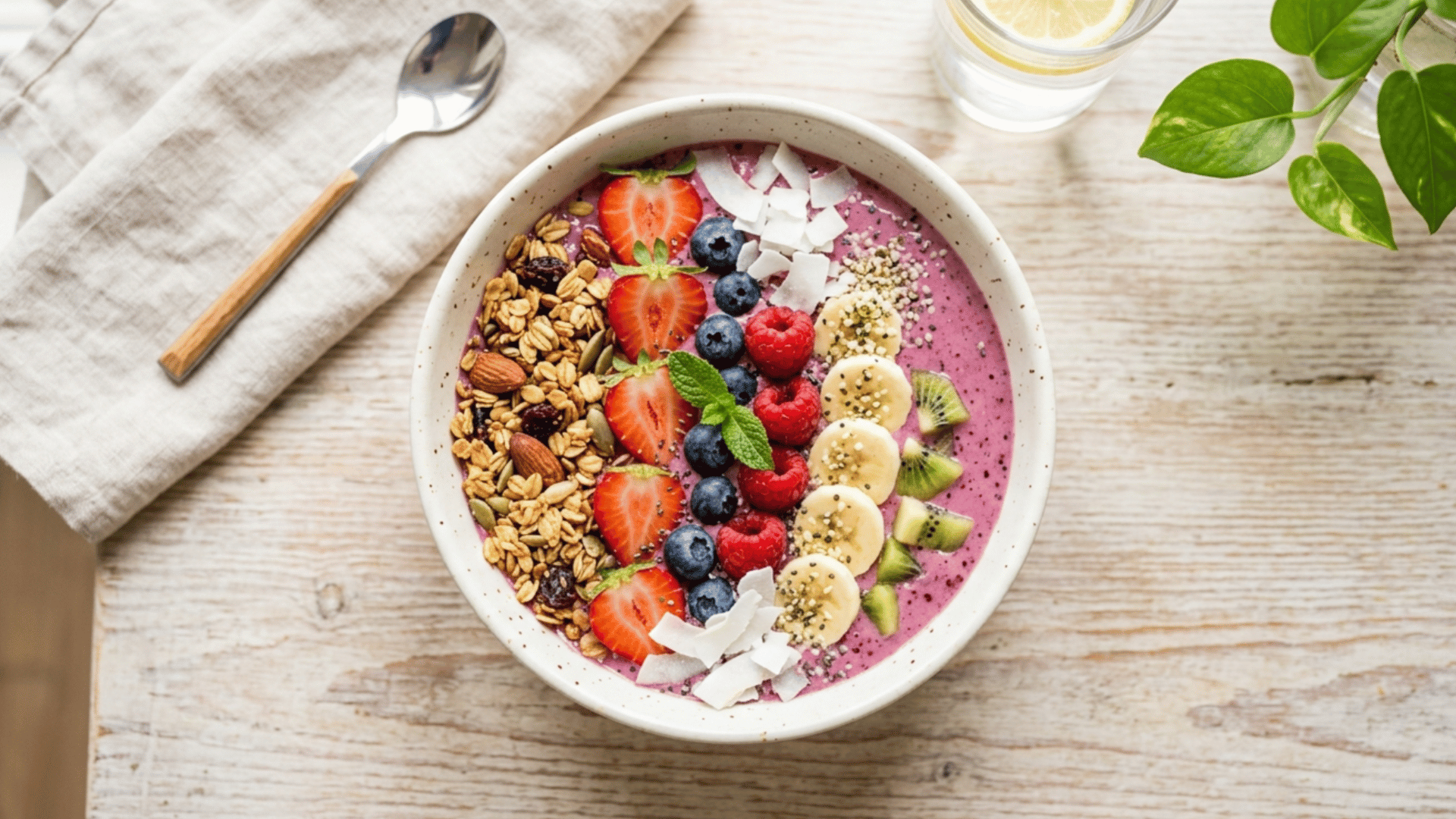 thick vibrant smoothie bowl topped with granola, fresh fruits, coconut flakes, and a drizzle of honey