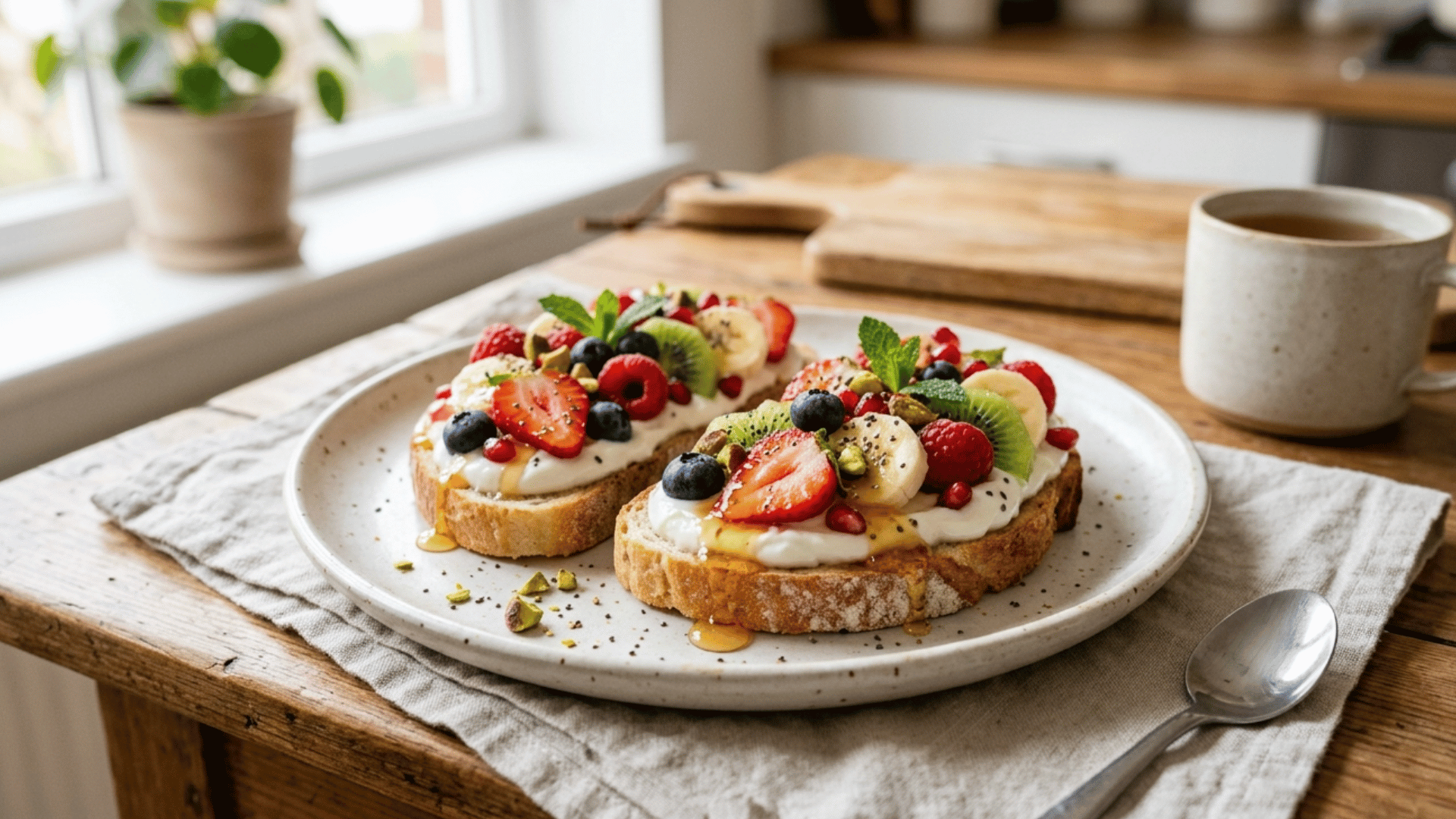 thick yogurt toast topped with colorful fresh fruits, granola, and a honey drizzle on golden bread