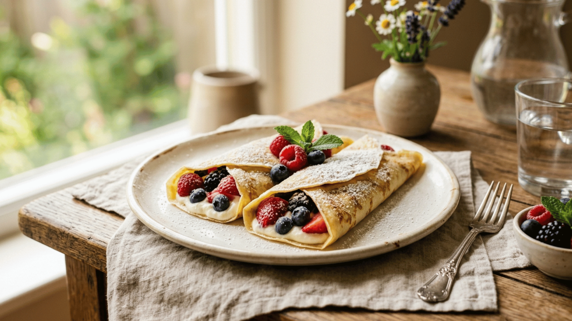 thin golden crepes filled with whipped cream and fresh berries dusted with powdered sugar on a plate