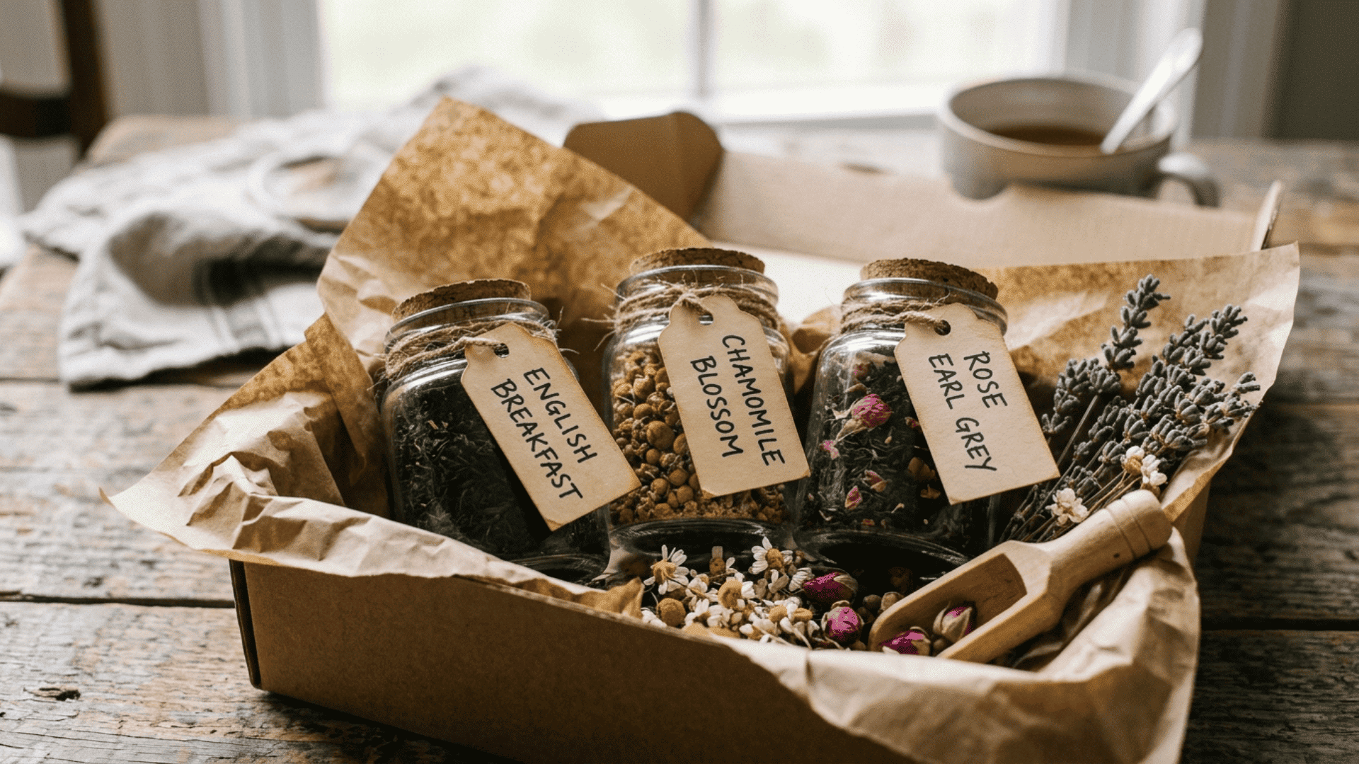 three small jars of loose leaf tea with handwritten labels packed in a kraft box as a diy tea gift set for mom