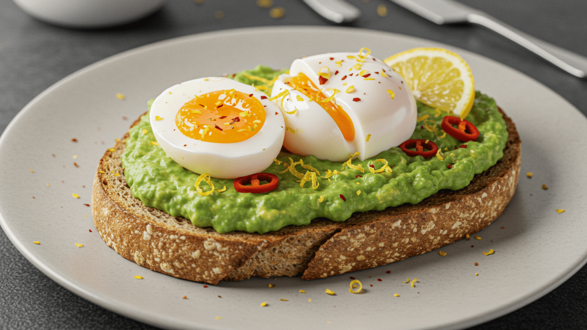 toast spread with mashed avocado topped with sliced boiled eggs and seasoning served on plate in clean modern kitchen setup