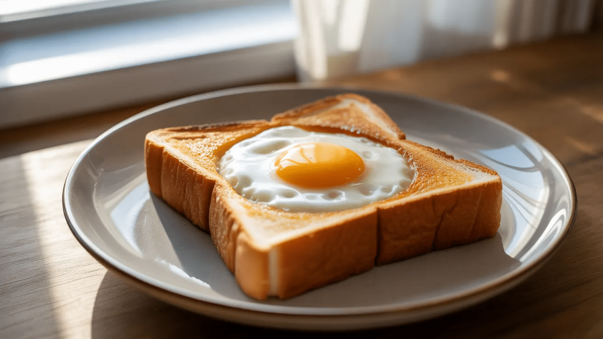 toast with a hole in the center holding a fried egg