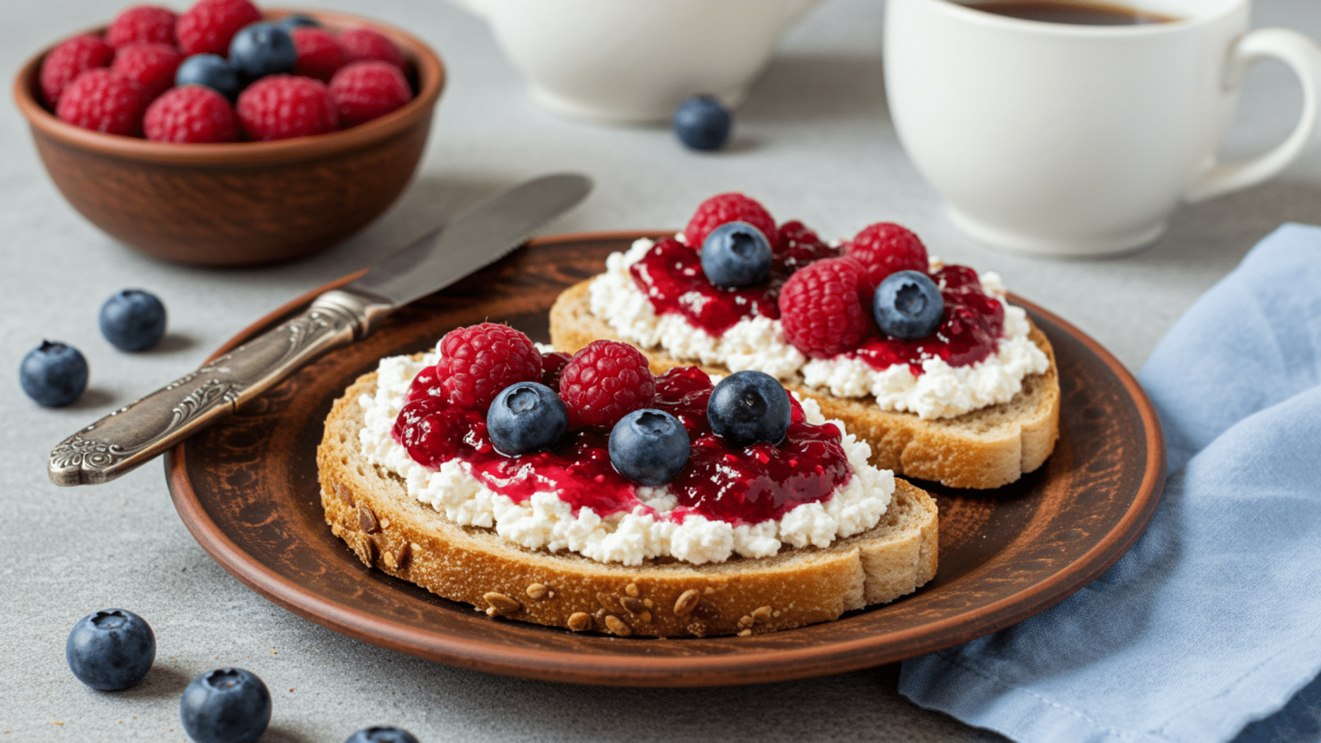 toasted bread slices topped with cottage cheese and mixed berries, served on a wooden plate with a knife and coffee in background