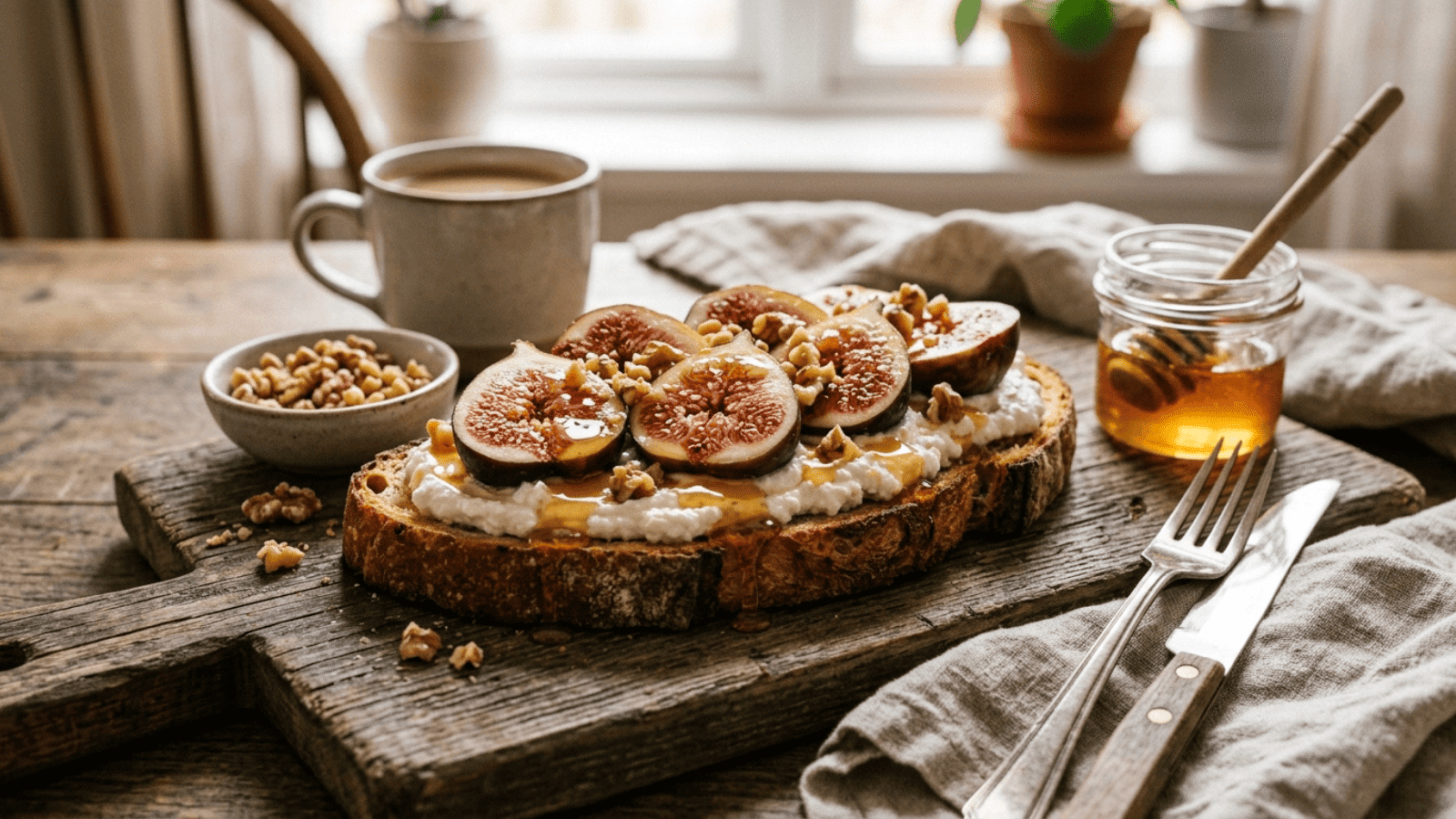 toasted sourdough spread with white ricotta, topped with halved fresh figs, crushed walnuts, and a generous drizzle of honey
