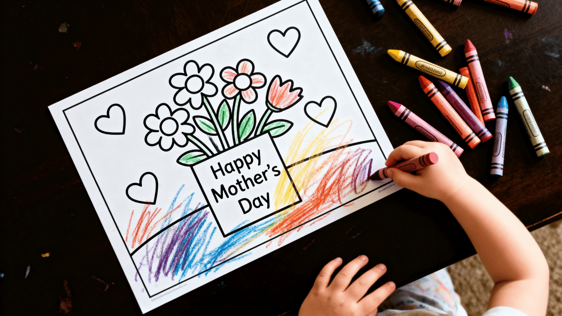 toddler coloring a mother’s day printable with crayons, flowers and hearts, colorful scribbles, crayons scattered on table