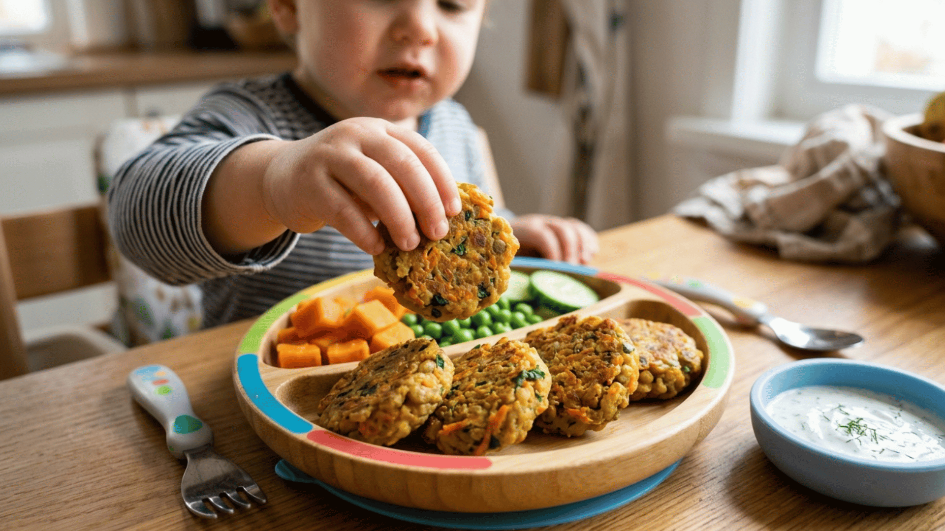 toddler holding veggie lentil patties with peas and sweet potato on a divided plate.