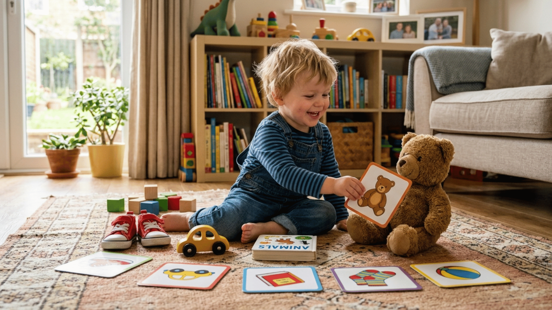 toddler matching picture cards with toys during indoor scavenger hunt in cozy living room