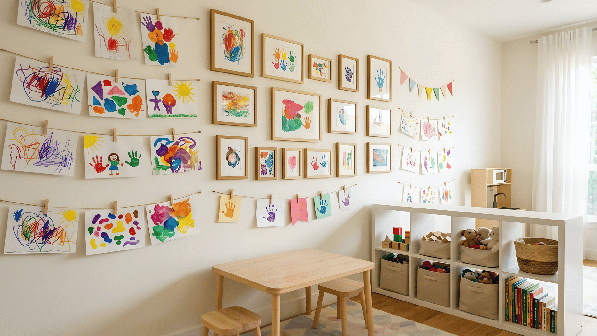 toddler playroom art display wall with drawings clips and simple decor (2)