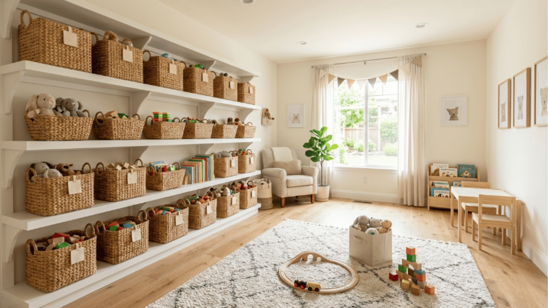 toddler playroom basket storage system with woven baskets and neat shelves