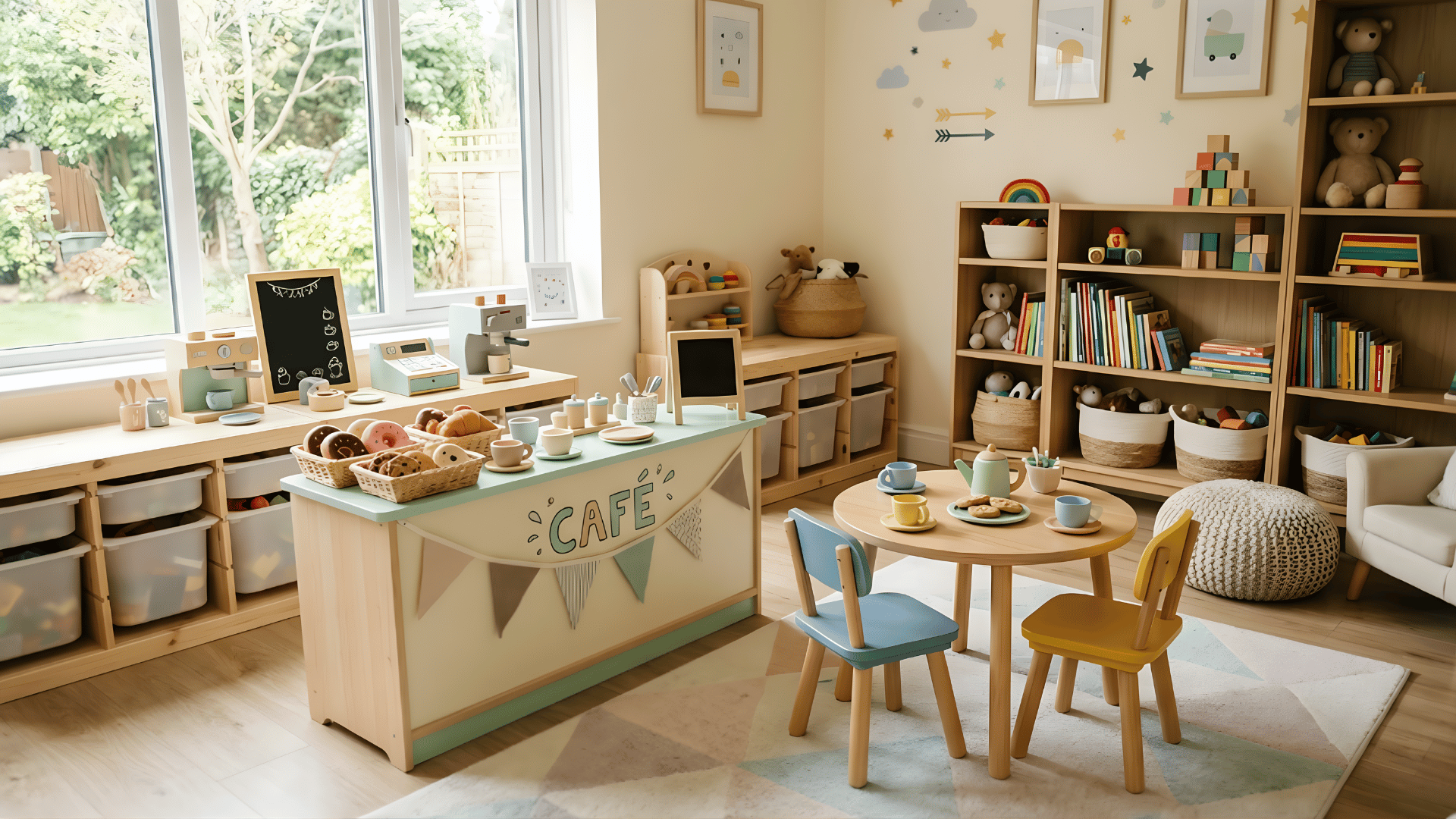 toddler playroom cafe setup with small table chairs pretend food and cozy play corner