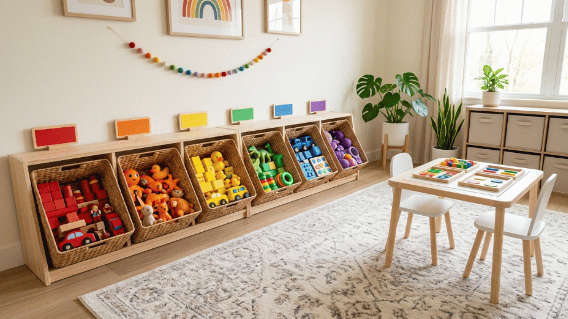 toddler playroom color sorting station with toys grouped by color neat setup