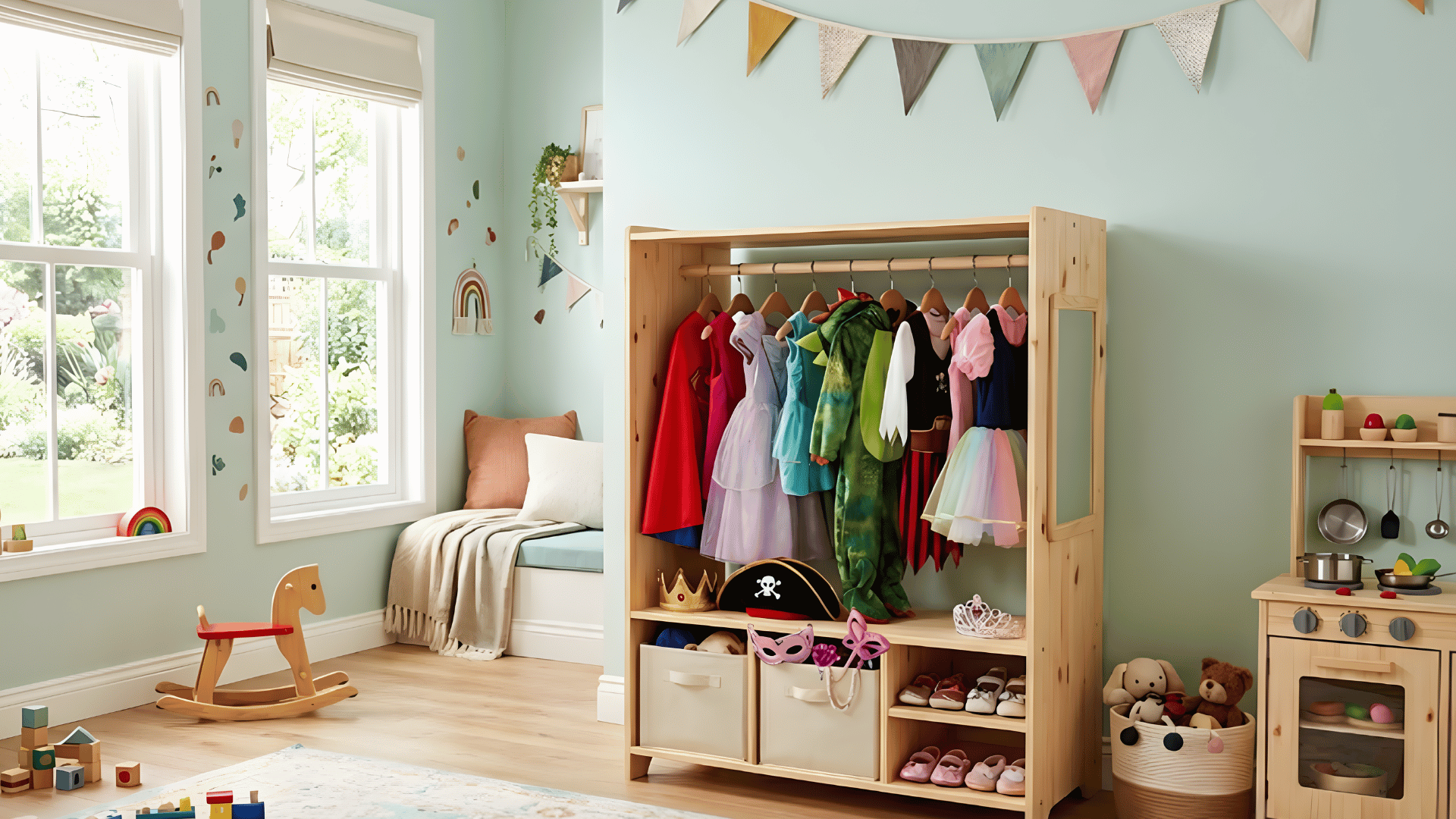 toddler playroom dress up wardrobes with hanging clothes and small rack