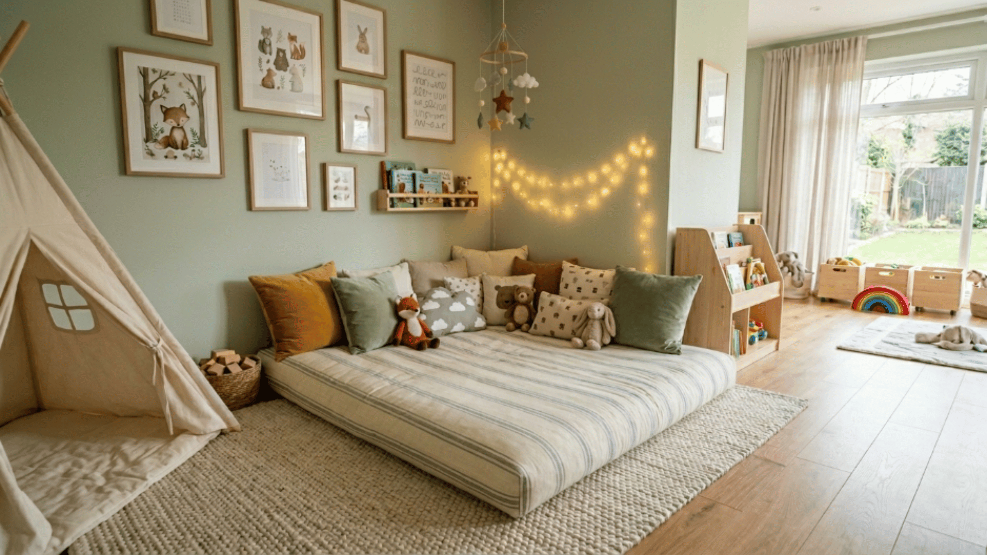 toddler playroom floor mattress area with cushions cozy corner and soft setup