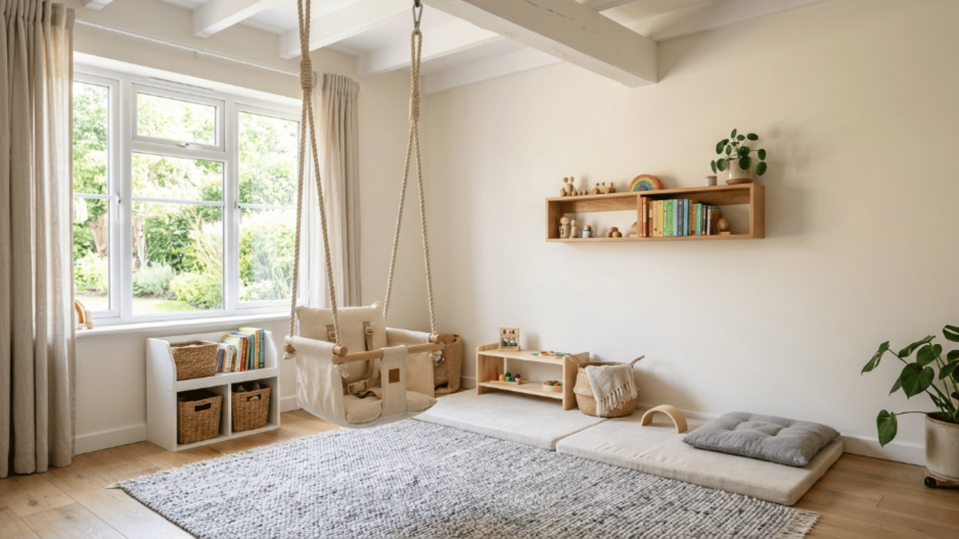 toddler playroom indoor swing spot with ceiling swing and soft flooring