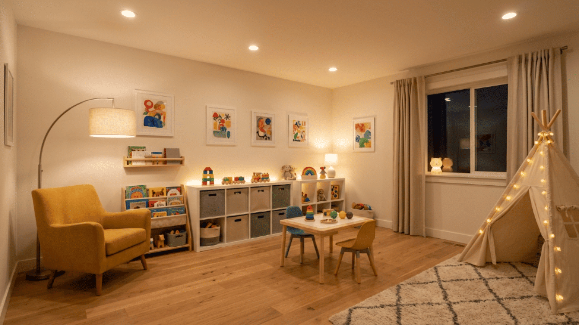 toddler playroom layered lighting setup with lamps and soft warm lighting